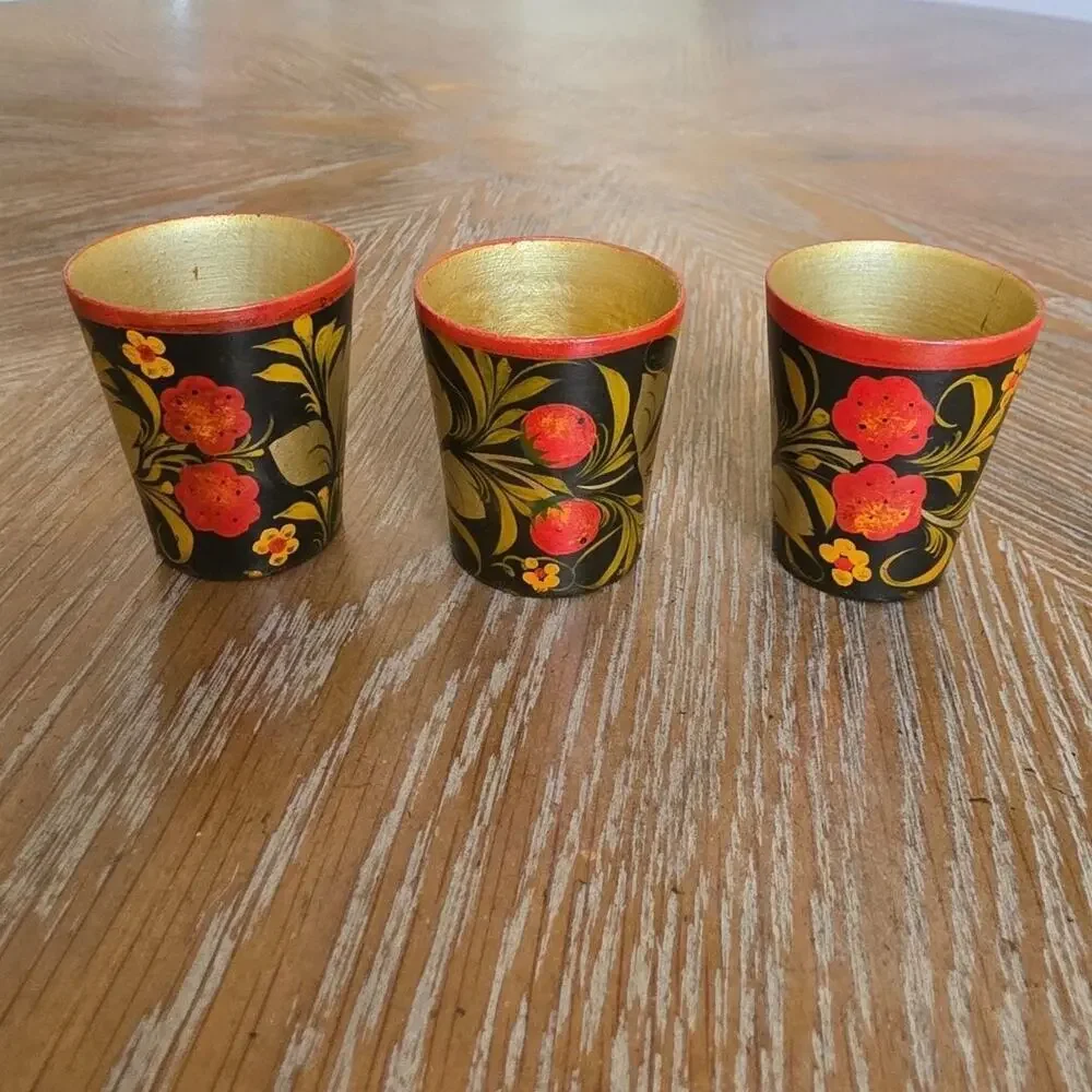 SSR Russian Khokhloma Lacquer Ware 3 Shot Glasses